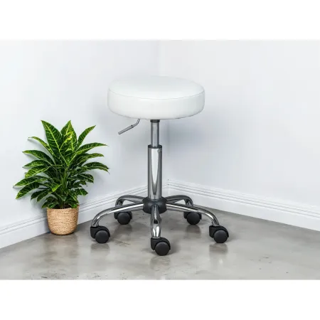 Sgabello Basso con Ruote a Rotelle Bianco Ecopelle in Metallo Imbottito Cucina | BricoShop24