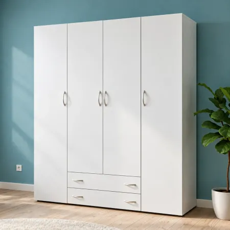 Armadio Bianco 4 Ante 2 Cassetti con Ripiani Camera da Letto 160 cm