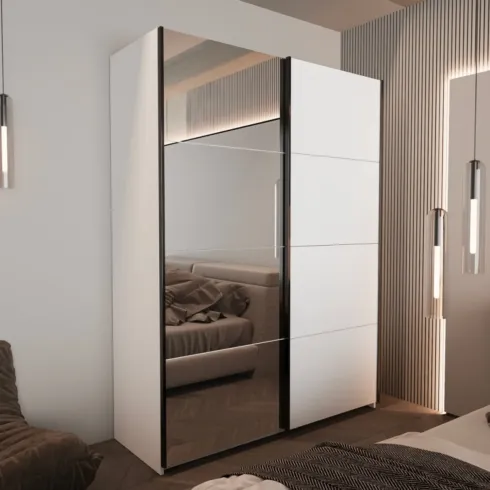 Armadio con Specchio Camera da Letto Bianco 2 Ante Scorrevoli 150 cm