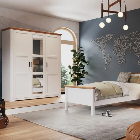 Armadio Camera da Letto 3 Ante Legno Bianco Effetto Rovere con Specchi