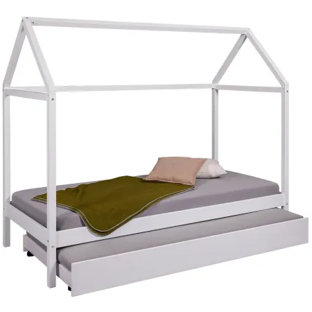 Letto Singolo 90x200 cm Struttura a Casetta in Legno Massello Bianco