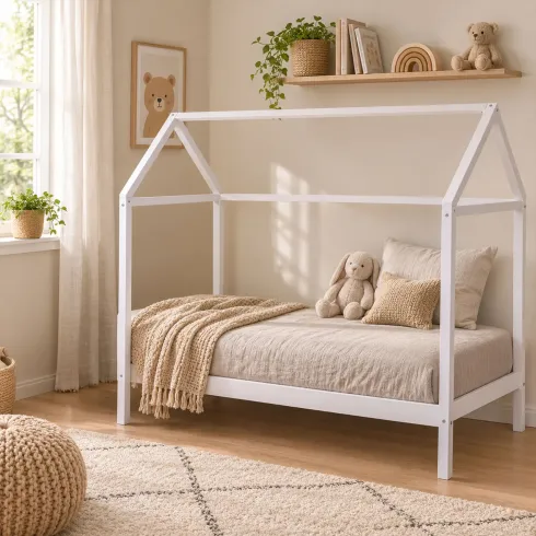 Letto Singolo 90x200 cm Struttura a Casetta in Legno Massello Bianco