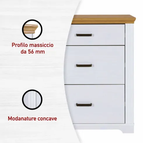 Cassettiera Camera da Letto in Legno Bianco Rovere Mobile 3 Cassetti
