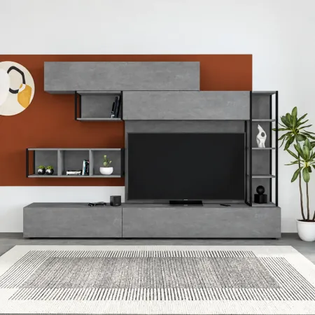 Mobile TV da Soggiorno Parete Attrezzata 260 cm Grigio Pensili Librerie