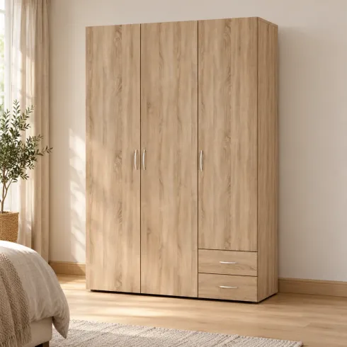 Armadio Guardaroba Rovere Camera da Letto 3 Ante 2 Cassetti 120 cm