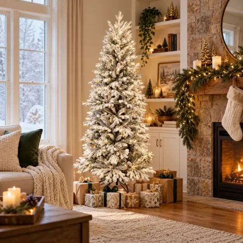 Albero di Natale Bianco Innevato 210 cm Artificiale PE PVC Base 96 cm