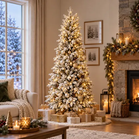 Albero di Natale Bianco Innevato 210 cm Artificiale PE PVC Base 96 cm