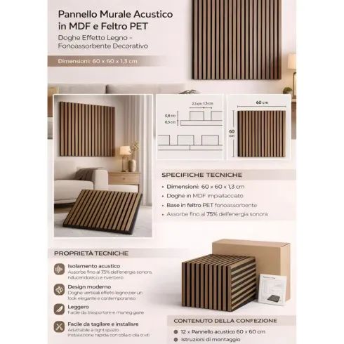 Set 12 Pannelli Acustici MDF Feltro PET 60x60 cm Effetto Legno Noce