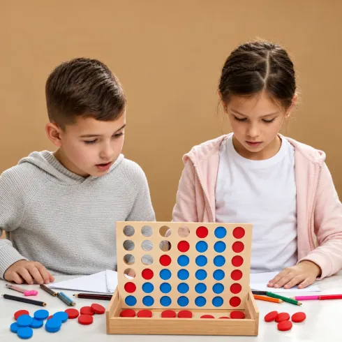 Gioco 4 in Linea da Tavolo in Legno con 42 Gettoni Colorati Strategia