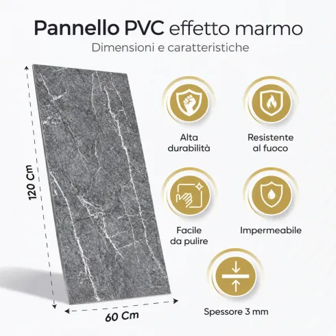 6 Pannelli Murali PVC Effetto Marmo Grigio Impermeabili 120x60 cm