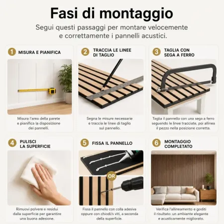 Set 4 Pannelli Acustici a Doghe Effetto Rovere HDF Feltro 120x60 cm