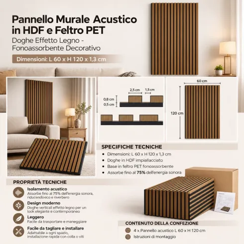 Set 4 Pannelli Acustici a Doghe Effetto Noce HDF Feltro 120x60 cm