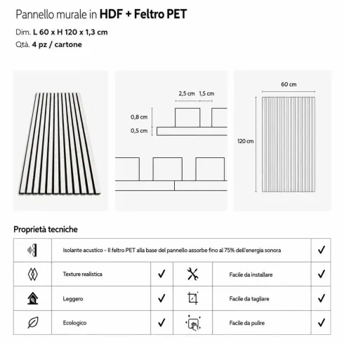 Set 4 Pannelli Acustici a Doghe Bianco in HDF Feltro 120x60 cm