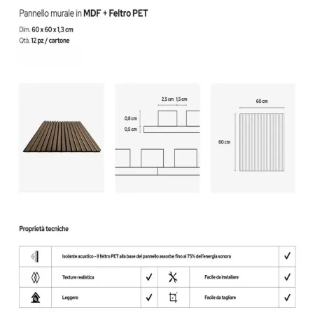 12 Pannelli Acustici a Doghe Effetto Legno Teak MDF Feltro 60x60 cm